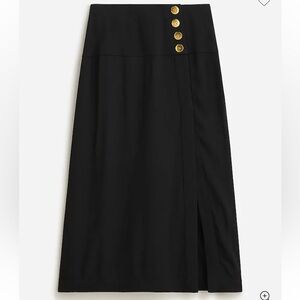 J. Crew Side Slit Crepe Midi Skirt, Black with Gold Buttons sz 12 NWT